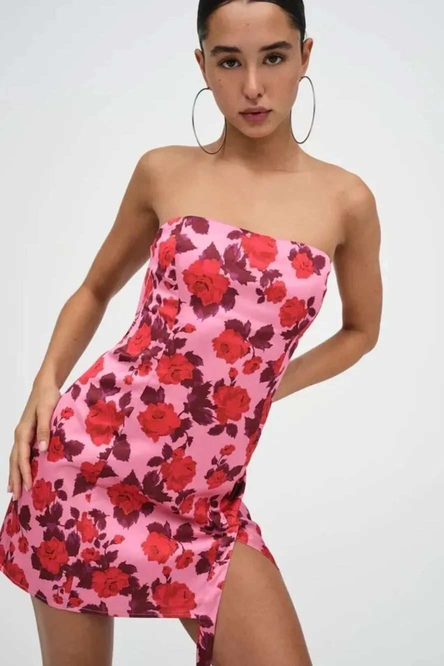 For Love & Lemons Huda Satin Floral Mini Dress Pink Puff Sleeve Gloves Size S